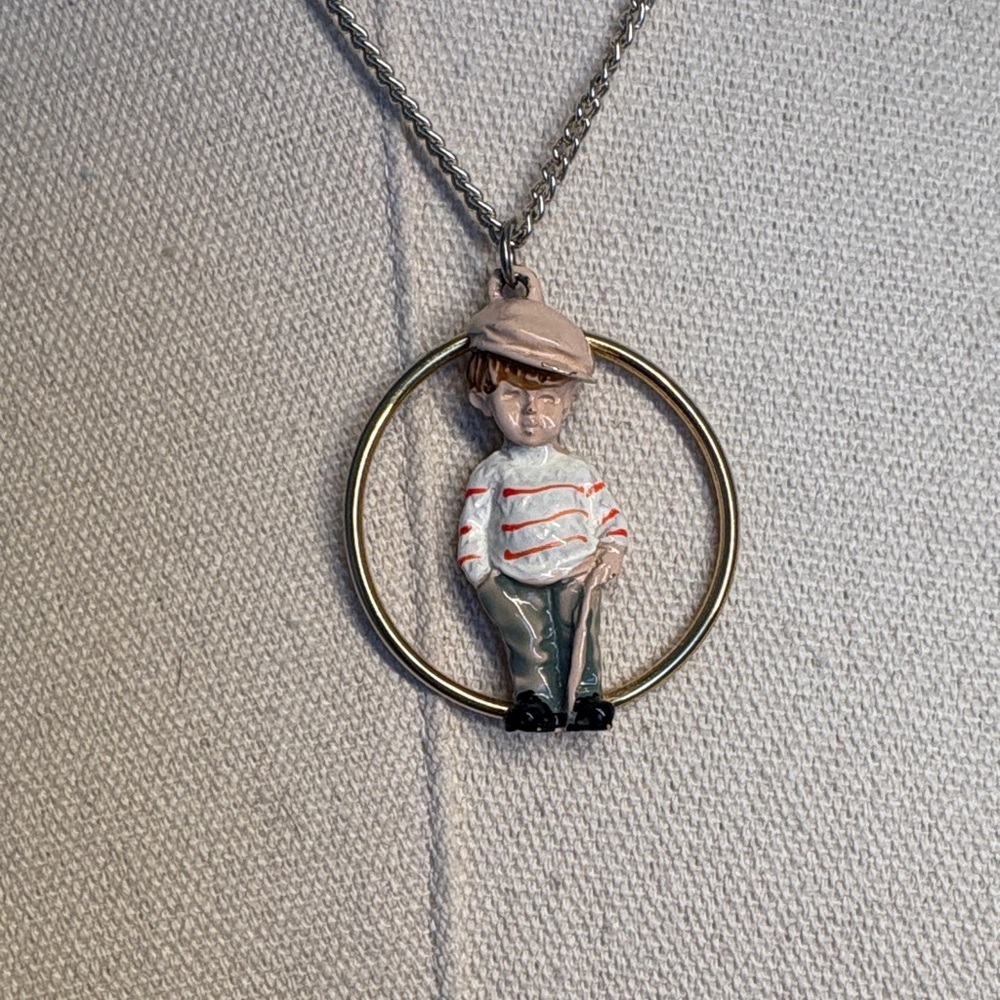 Fran Mar Moppets Red Hoop Boy Enamel Pendant Necklace Vintage 70s